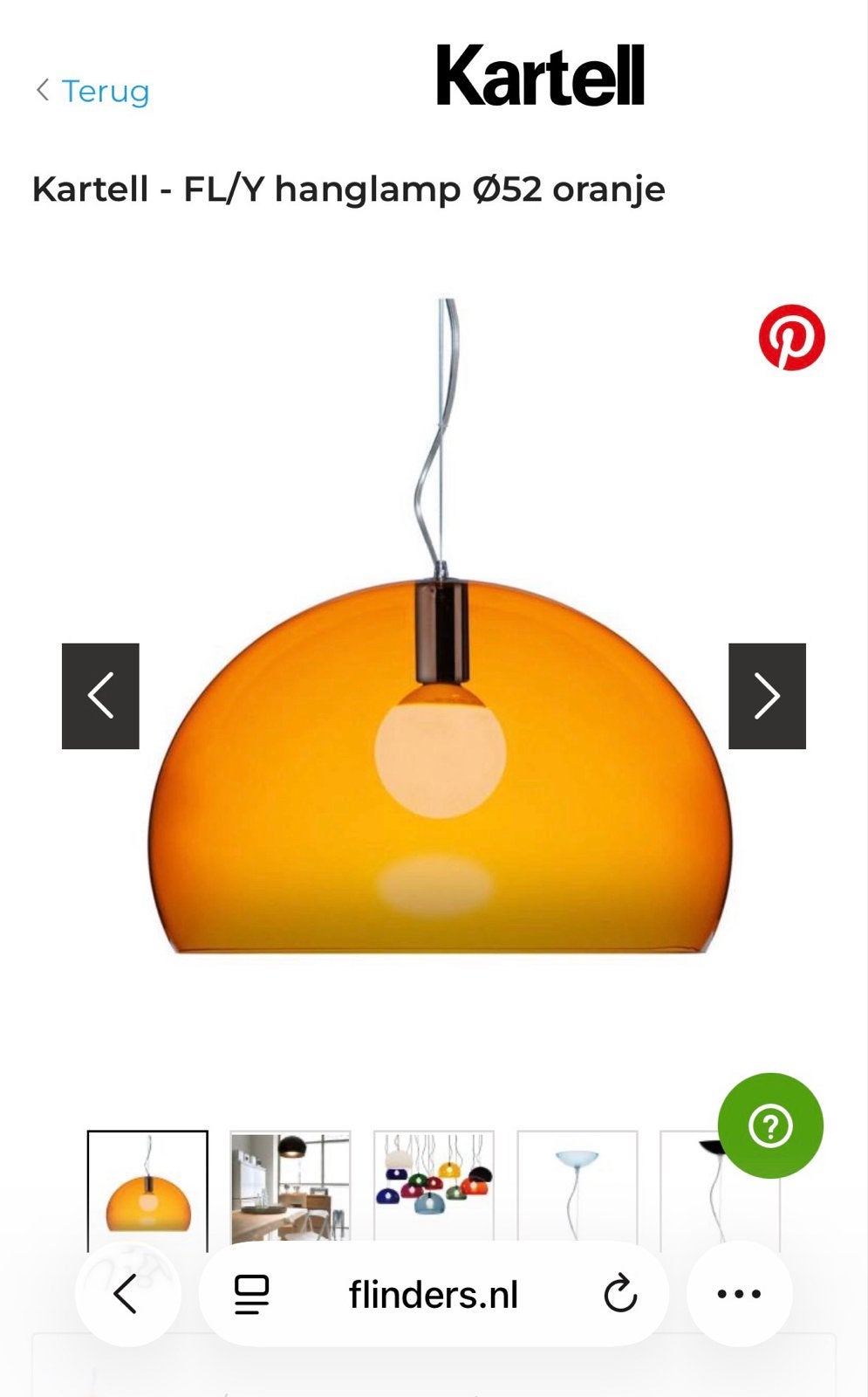 Kartell FL/Y Ø52 Hanglamp Oranje - Zo goed als nieuw, Ophalen, Zo goed als nieuw, Kunststof, E27 (groot)