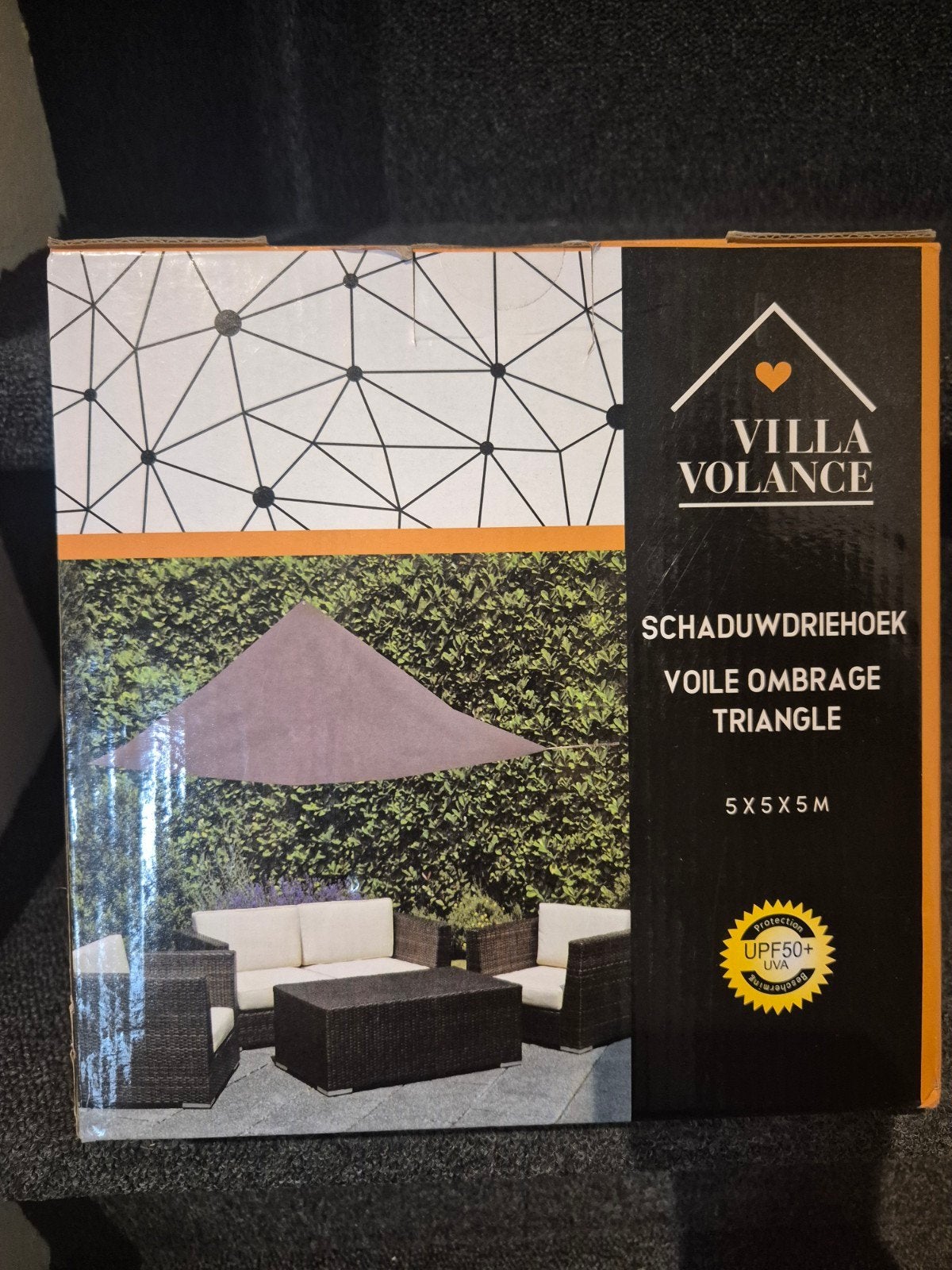 Villa Volance Schaduwdriehoek 5x5x5m UPF50+ UV-bescherming, Tuin en Terras, Ophalen of Verzenden