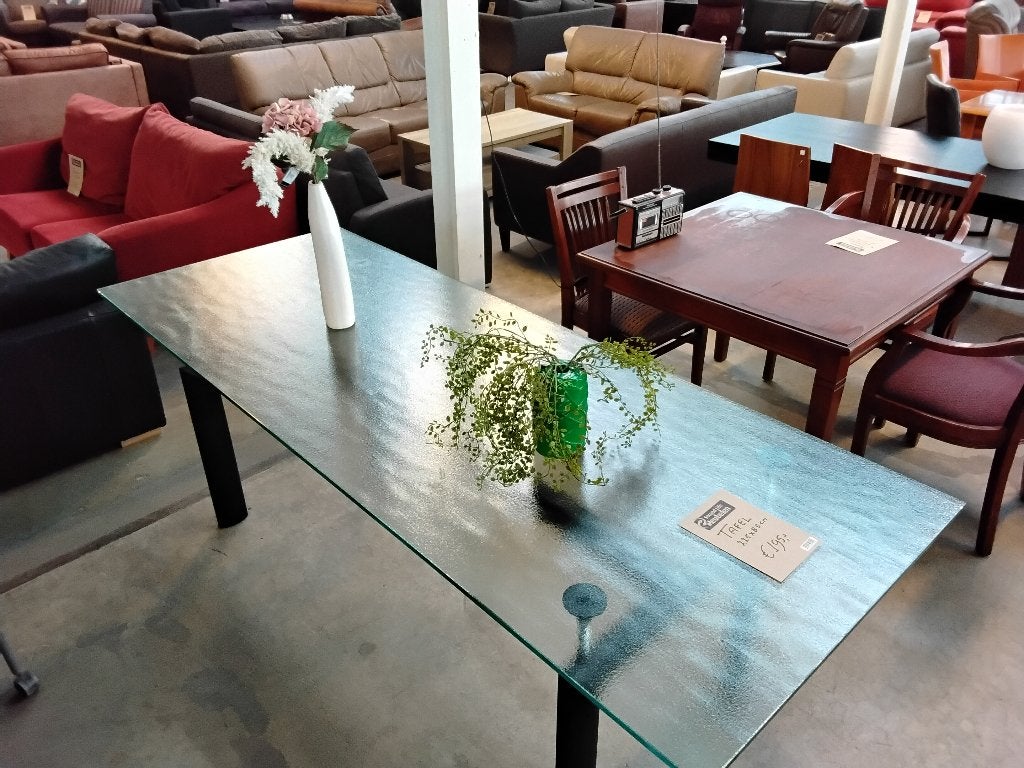 Eettafel, glas 225 x 85cm, voor 195= Second Life Wolvega, Ophalen, 200 cm of meer, 50 tot 100 cm, Vijf personen of meer