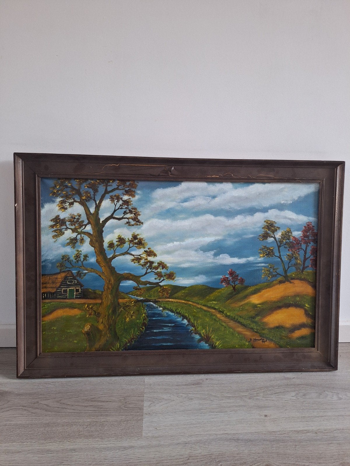 Schilderij Landschap met Bomen en Water - J. Veenstra 1999, Ophalen of Verzenden