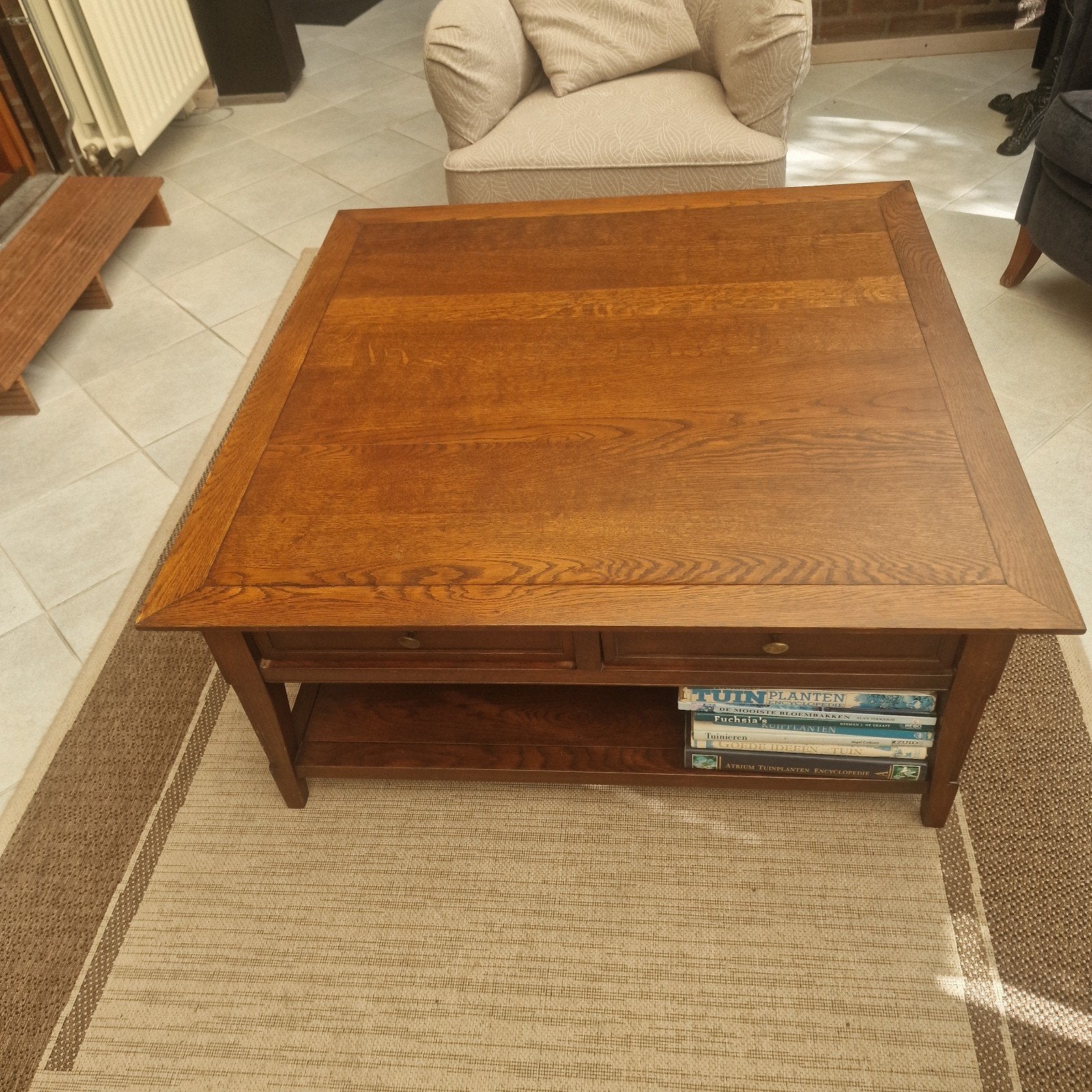 Vierkante salontafel 100x100 cm met 2 laden, Ophalen, Gebruikt, 5 – 50, 100 tot 150 cm