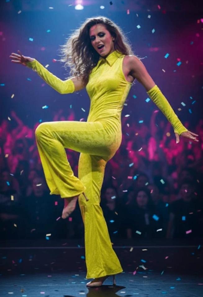 Disco Jumpsuit fluor Geel met armstukken, Maat 32/34*, Carnaval, Nieuw, Ophalen of Verzenden, Kleding