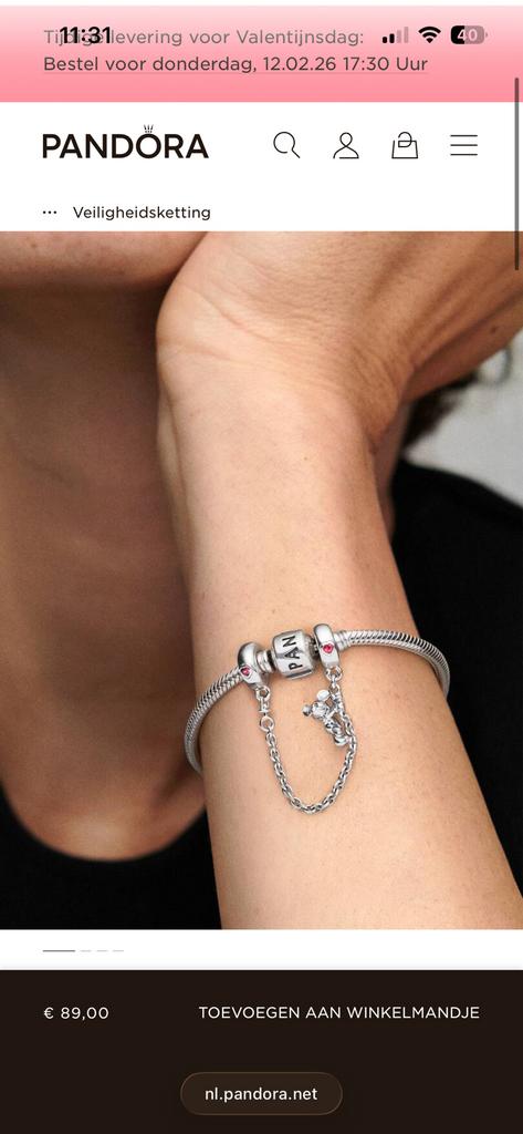 Pandora veiligheidsketting Mickey Mouse, Ophalen of Verzenden, Zo goed als nieuw, Zilver, Pandora