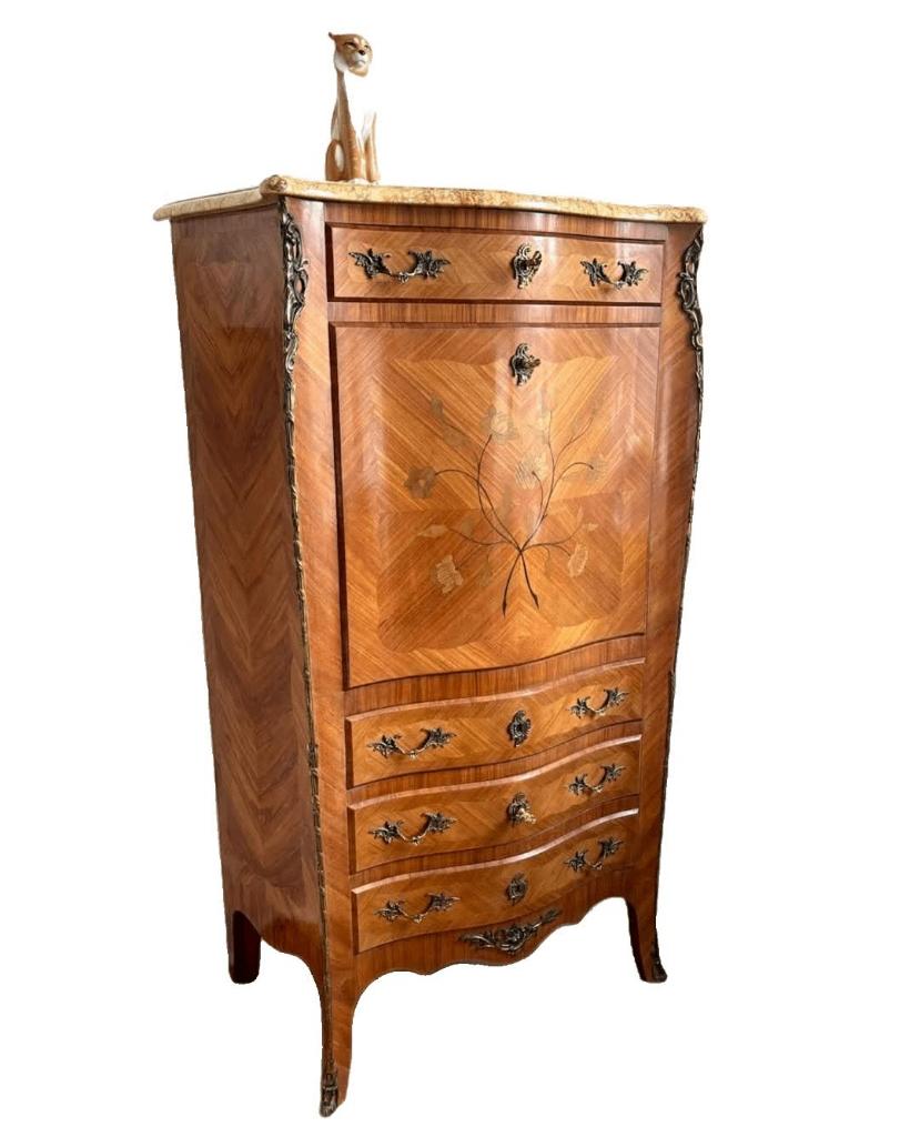 Marquetterie secretaire met brons beslag en marmer., Ophalen