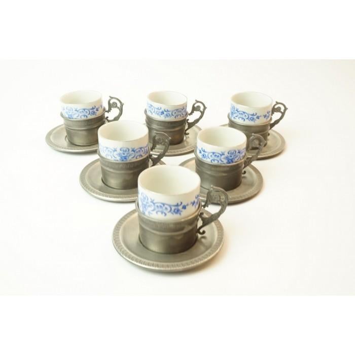 # 6 Peltro tin kop en schotels met Josephin Porcelaine kopje, Antiek en Kunst, Ophalen of Verzenden