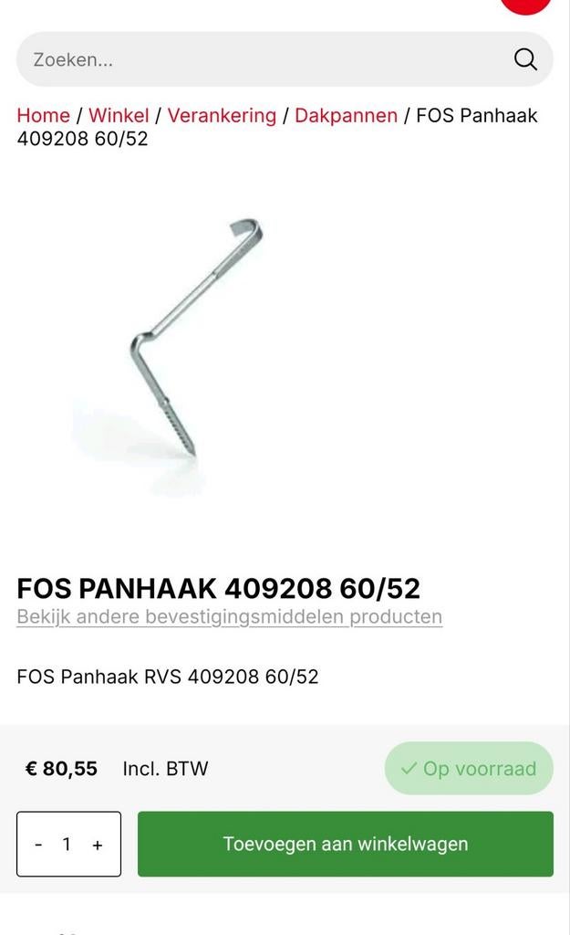 Panhaken/ panhaak FOS Tikpanhaak 409 60/52 (409208), Doe-het-zelf en Verbouw, Ophalen of Verzenden, Nieuw, Overige typen, Rvs