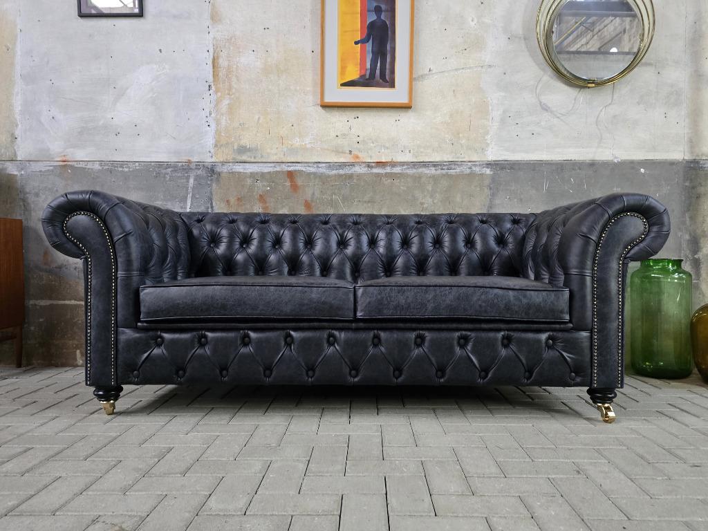 Nieuwe Leren Chesterfield Bank | Drie Persoons Zwart Leder, Metaal, 75 tot 100 cm, Ophalen of Verzenden, Rechte bank