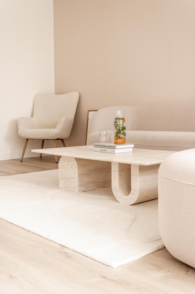 Prachtige design travertin salontafel, Ophalen, Japandi, 50 tot 100 cm, 100 tot 150 cm