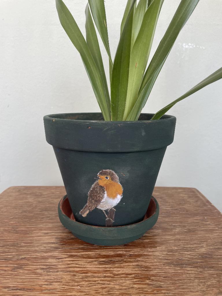 Handbeschilderde Bloempot Vogel Roodborstje, Rond, Ophalen of Verzenden, Zo goed als nieuw, Aardewerk