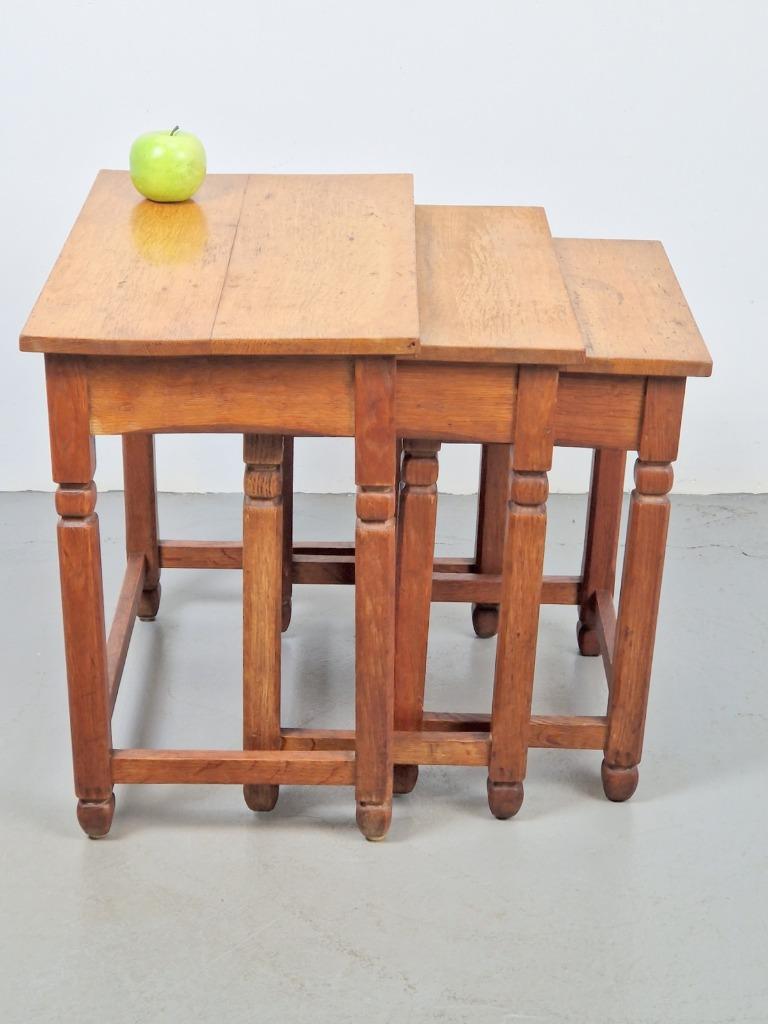 Art deco Eiken brutalist 3 bijzettafel mimiset ’20 Japandi, Huis en Inrichting, Tafels | Bijzettafels, Gebruikt, Rechthoekig, 45 tot 60 cm