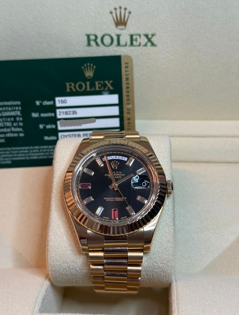 Rolex Day-Date 218235 2014 Ruby Dial Roségoud - Complete Set, Ophalen, Gebruikt, Rolex, Polshorloge