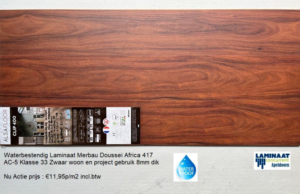 Laminaat Merbau Doussie 417 AC-5 8mm dik €14,95m2, 75 m² of meer, Waterbestendig Laminaat Marbau, Ophalen of Verzenden, Zo goed als nieuw
