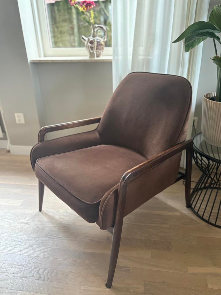 Karwei fauteuil stof&hout donker bruin igs, Huis en Inrichting, Fauteuils, Ophalen, Vintage, 75 tot 100 cm, Zo goed als nieuw