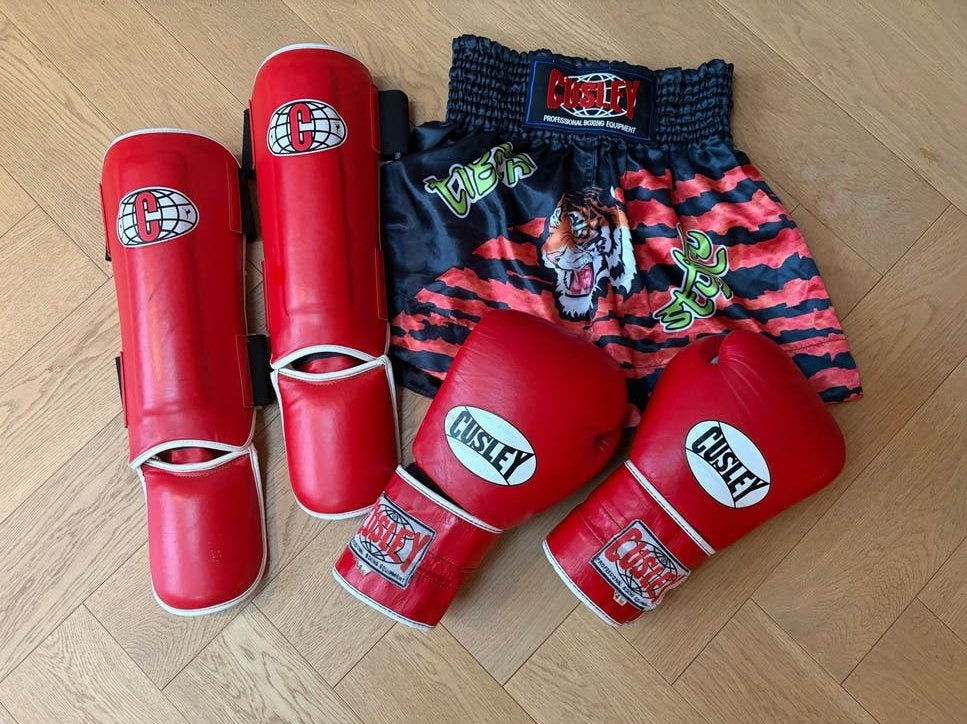 Kickboks set: handschoenen, scheenbeschermers en broekje (L), Sport en Fitness, Maat L, Ophalen of Verzenden, Gebruikt, Overige