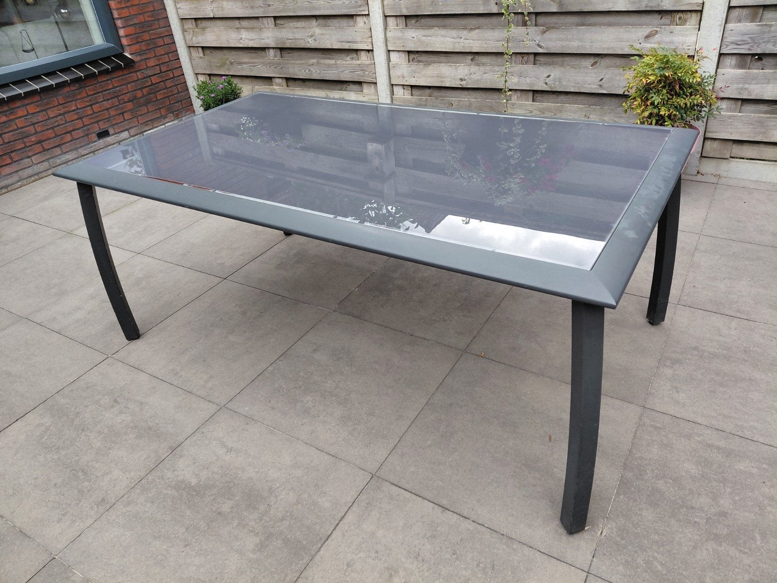 Hartman tuintafel met glazen blad 180 x 100 x 72 cm, Ophalen, Gebruikt, Rechthoekig, Metaal
