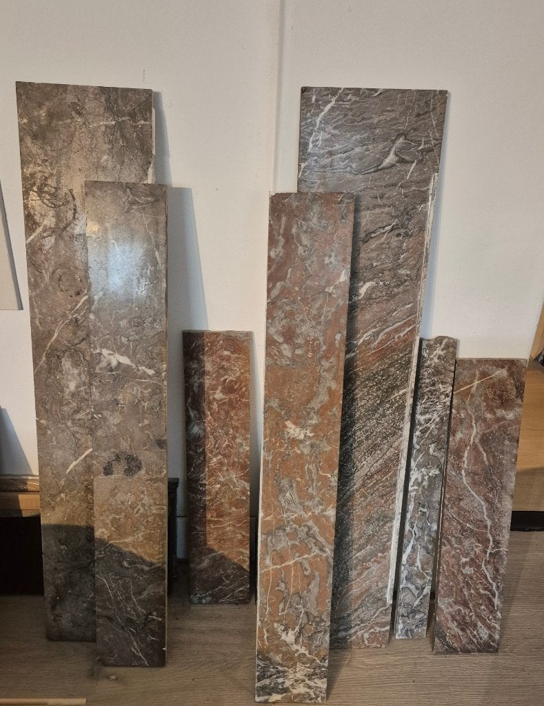 7 x marmeren schouwplaten jaren '30 + tas vol kleine stukken, Huis en Inrichting, Haarden, Ophalen, Gebruikt, Vrijstaande haard