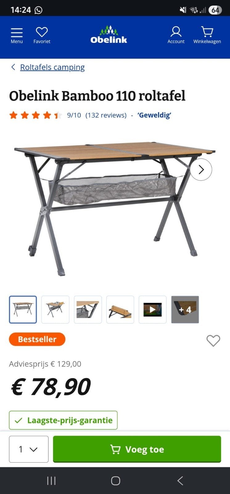 Obelink Bamboo 110 Roltafel - Compacte Campingtafel, Caravans en Kamperen, Ophalen