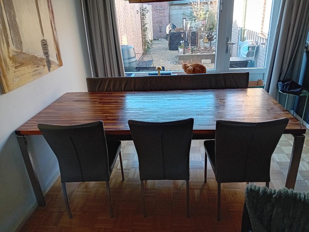 eetkamer tafel met 3 leren stoelen en leren eetbank, Huis en Inrichting, Ophalen, Gebruikt, Moderne houtlook met leer, 4 tot 6 stoelen
