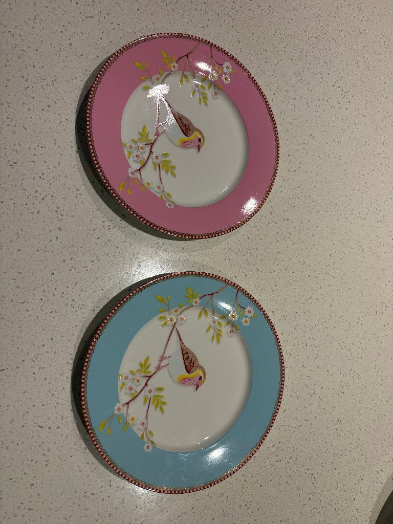 Pip Studio Early Bird ontbijtborden 21 cm roze en blauw, Ophalen of Verzenden, Aardewerk, Overige stijlen, Bord(en)