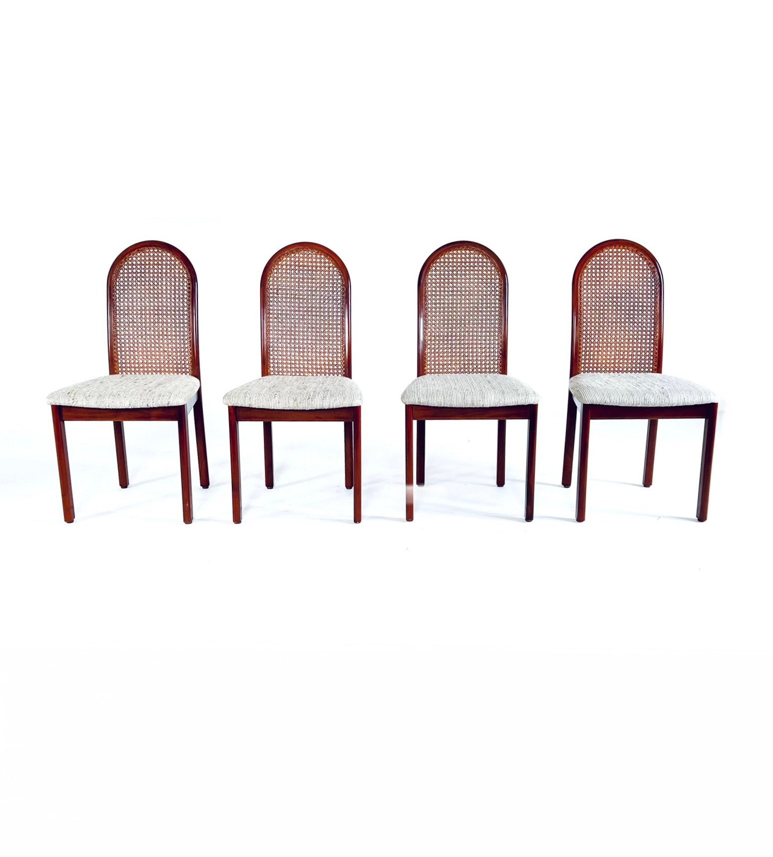 Set van 4 vintage webbing eetkamerstoelen, jaren ‘70, Hout, Nvr, Ophalen of Verzenden, Zo goed als nieuw