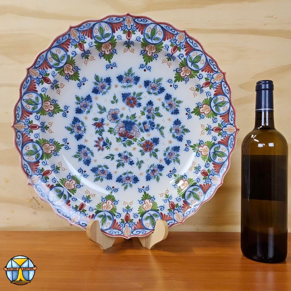 Grote Polychroom Gouda Zenith Bord bloemen patroon 39,5cm, Antiek en Kunst, Ophalen of Verzenden
