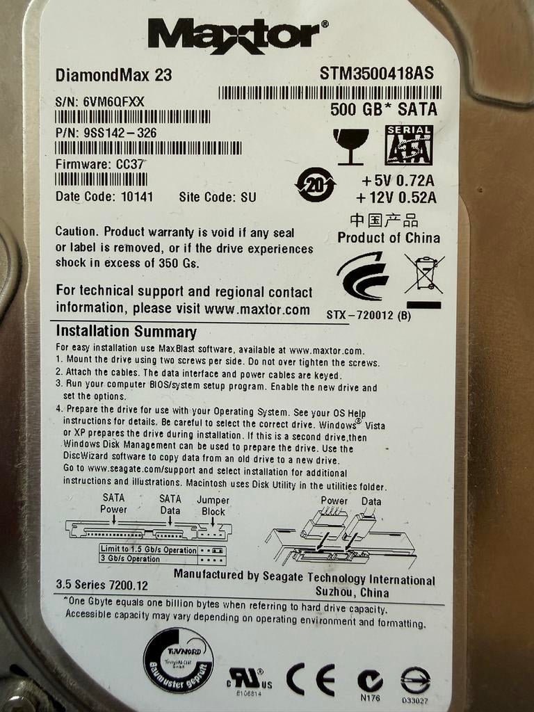 Maxtor DiamondMax 23 500GB SATA Harde Schijf, Ophalen, Intern, Gebruikt, Server