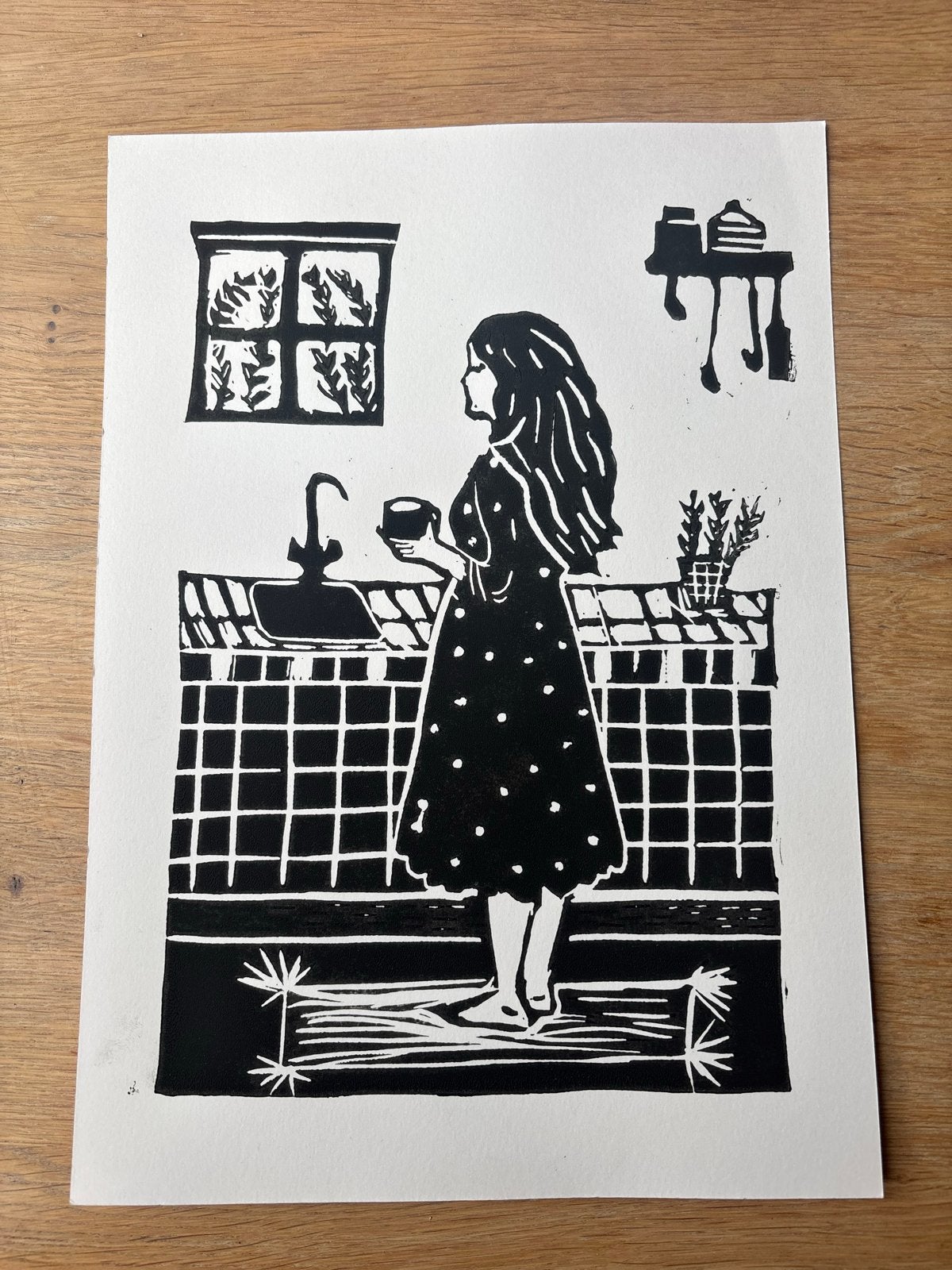 A4 Lino Zwart/Wit Print 'Morning Coffee', Antiek en Kunst, Verzenden, Print, Overige technieken, Handgemaakt