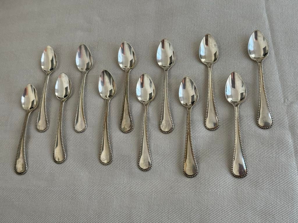 Antieke zilveren mokkalepels met parelrand, set van 12, Antiek en Kunst, Ophalen of Verzenden