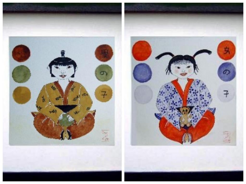 2 Schilderijen Japanse kinderen aquarel guache, Antiek en Kunst, Ophalen