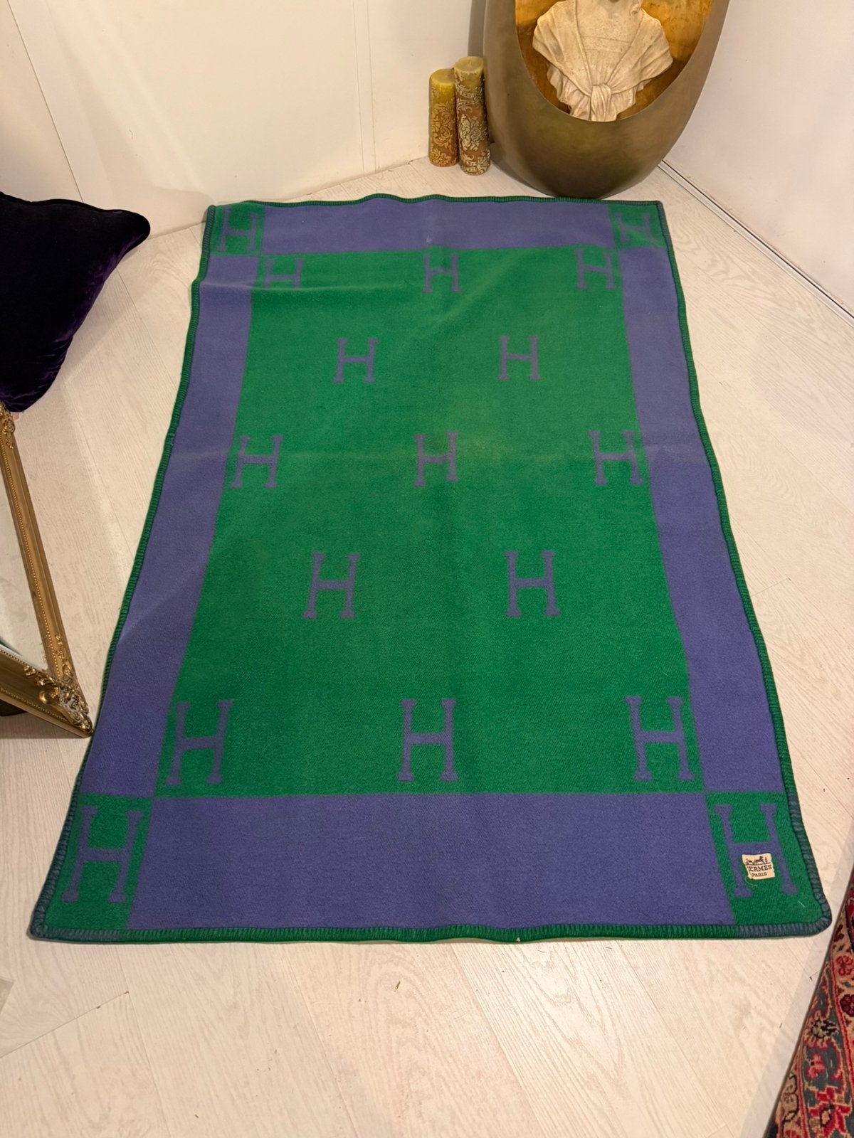 Hermès Paris vintage plaid/deken – groen & paars