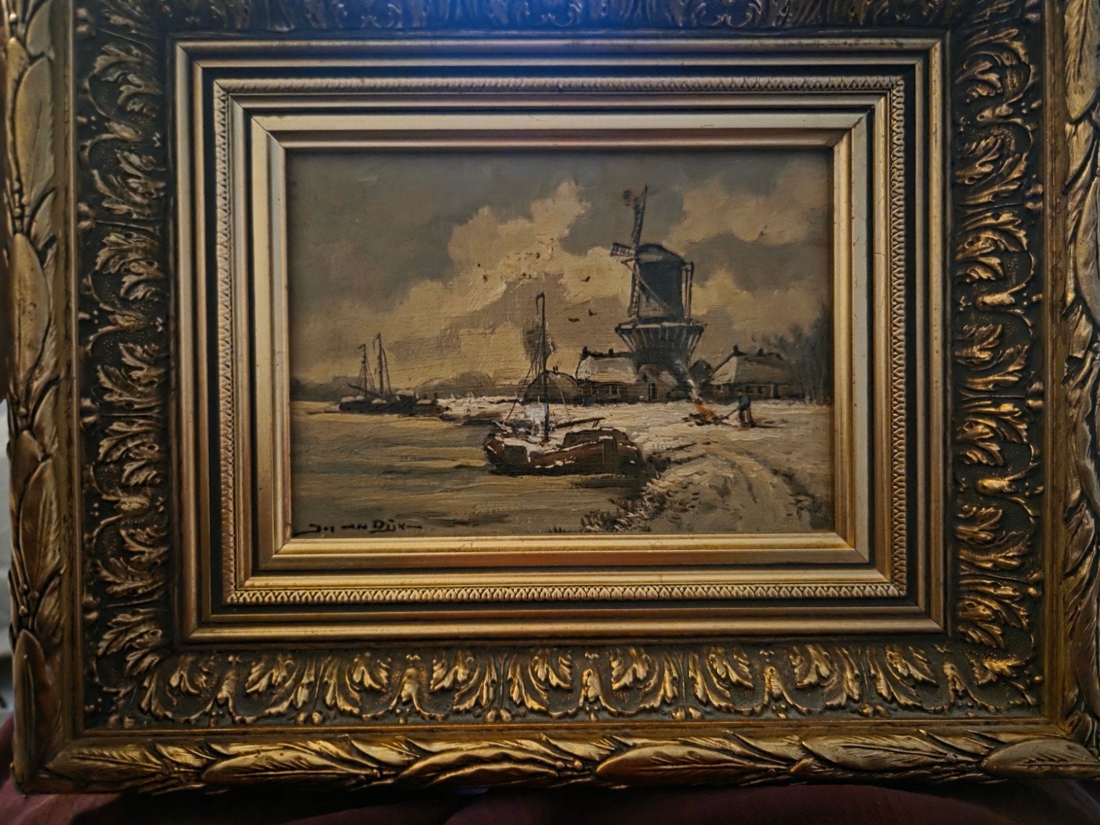 Olieverfschilderij Jos van Dijk - Winterlandschap met molen, Paneel, Nederlandse school, Bijzondere lijst, Ophalen of Verzenden