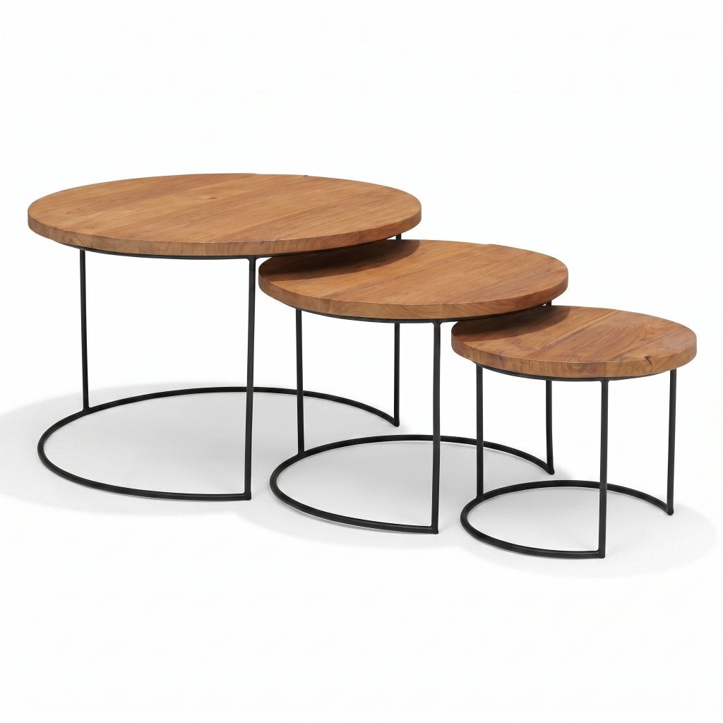 Industriële salontafel set van 3 tafeltjes - 73/53/38 CM Ø, Huis en Inrichting, Tafels | Salontafels, Overige houtsoorten, 50 tot 100 cm