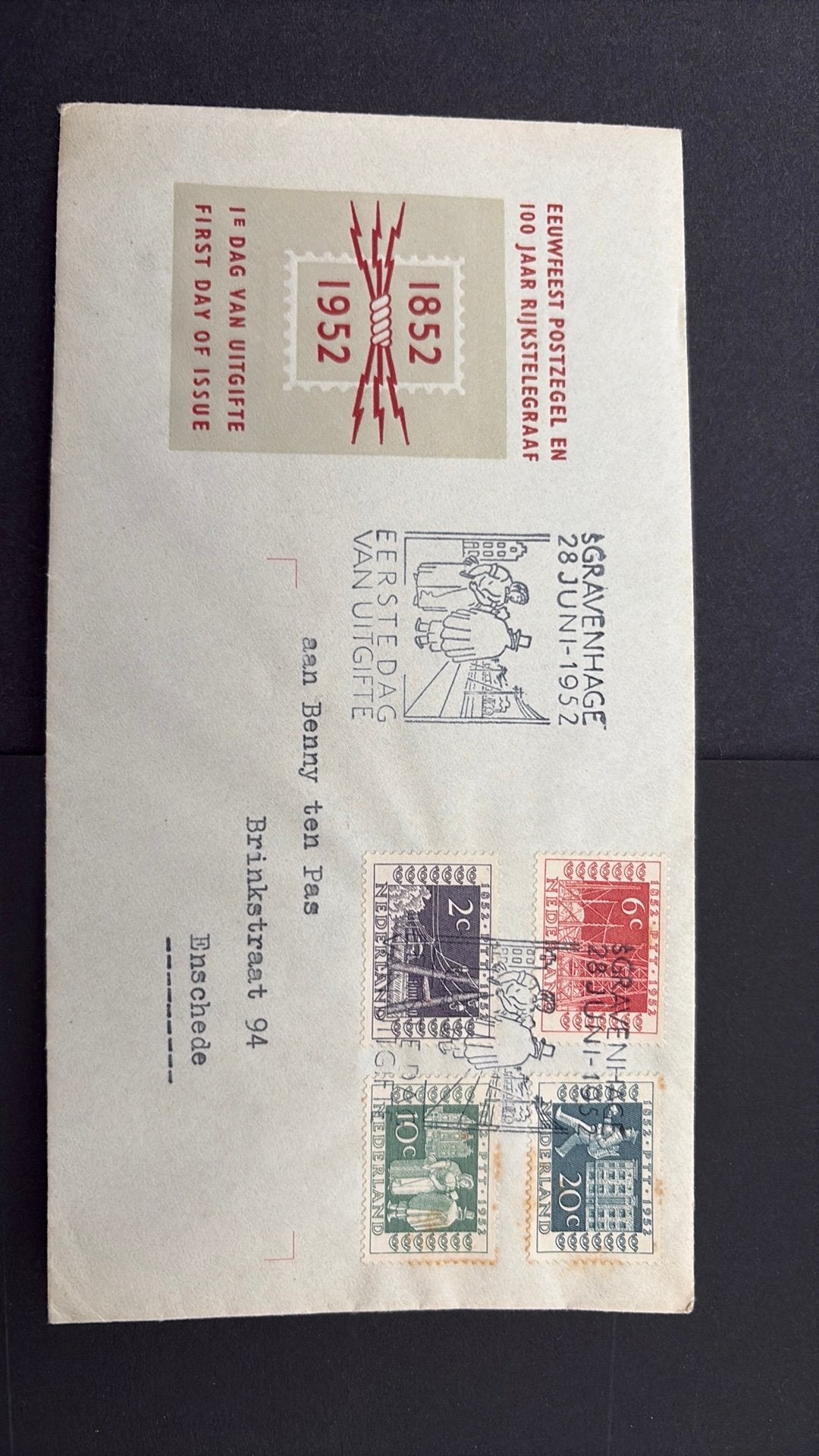 Fdc E 10, 1952, 100 jaar postzegels, beschreven, Ophalen of Verzenden, Beschreven, Nederland