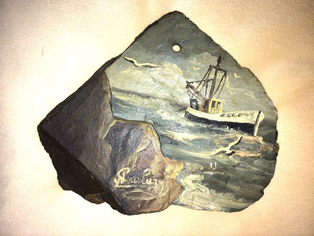 Fraai schip-op-zee schilderij op steen (H13xB16cm) Signed, Maritiem / water, Overige ondergronden, Ophalen of Verzenden, Olieverf