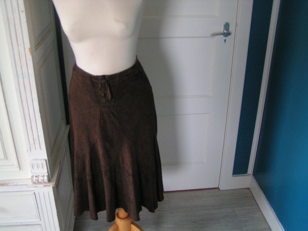 Als nieuw Prachtige Bruine Leren-Suede Bruine Rok 42, Bruin, Maat 42/44 (L), Ophalen of Verzenden, Zo goed als nieuw