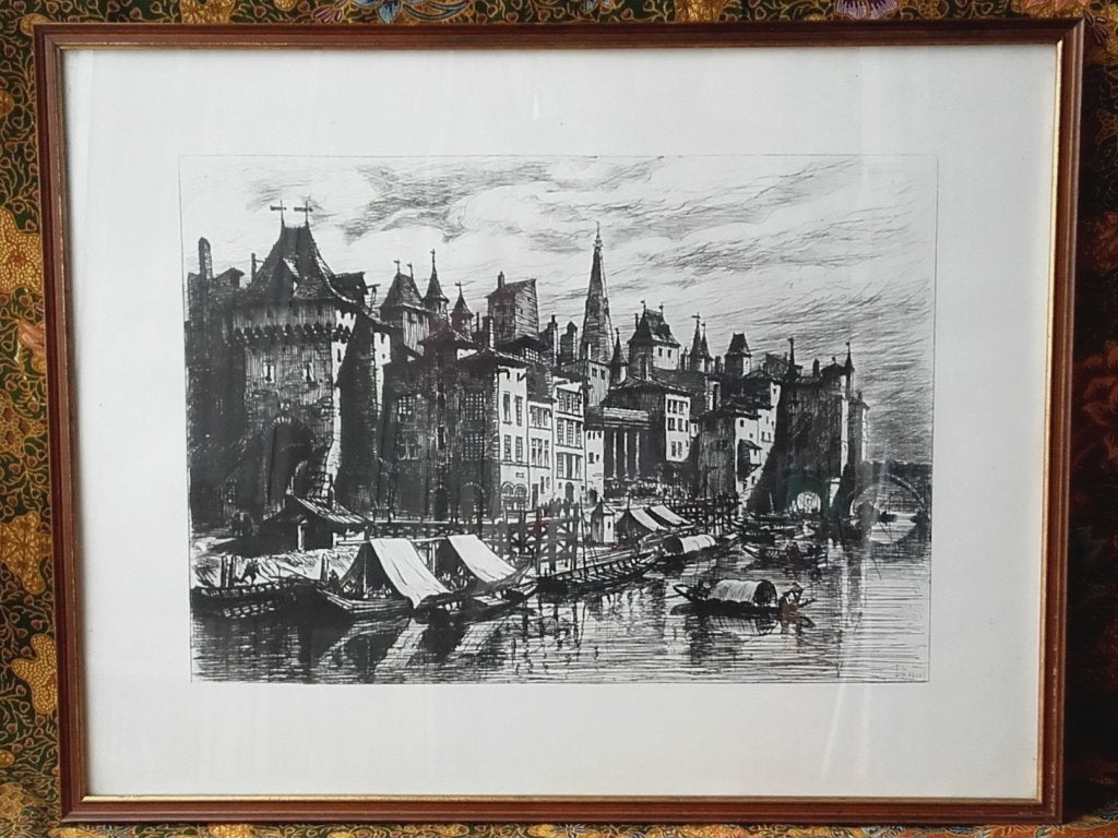 Mooie originele oude ingelijste litho door Drevet 61 cm., Met glas, Ophalen, Landschappen, Lithografie