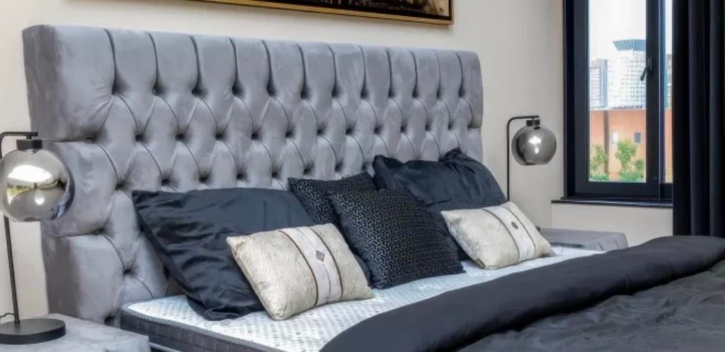 180cm - luxe fluwelen grijs hoofdbord, Ophalen, Luxe, Tweepersoons, Zo goed als nieuw