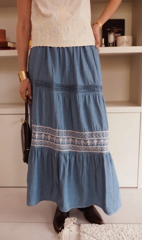Maxi rok denim spijkerstof met kant boho ibiza M / L hippie, Kleding | Dames, Maat 38/40 (M), Blauw, Nieuw, Ophalen of Verzenden