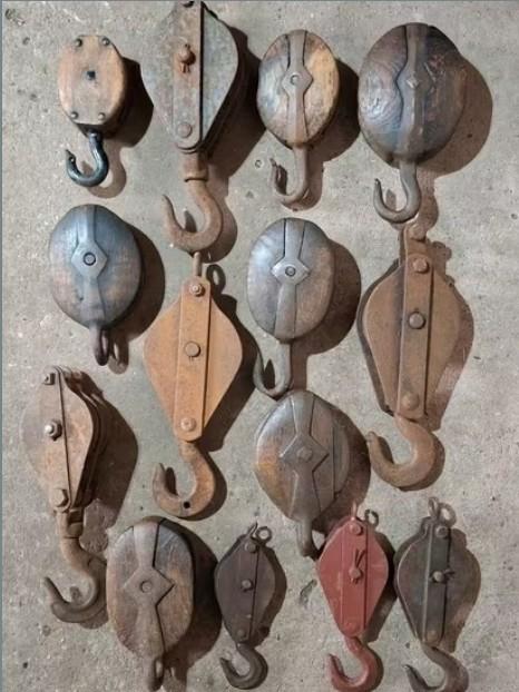 Oude antiek vintage katrol hijsblok houten metalen botter, Ophalen of Verzenden