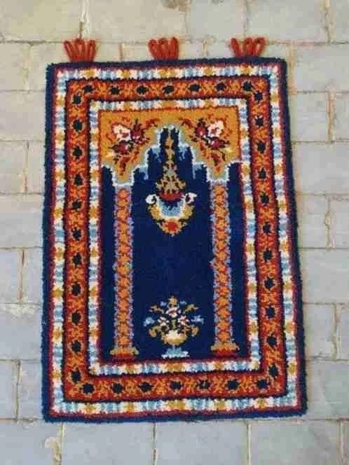 Wandkleed wol handgeknoopt smyrna blauw rood bruin 98/69 cm