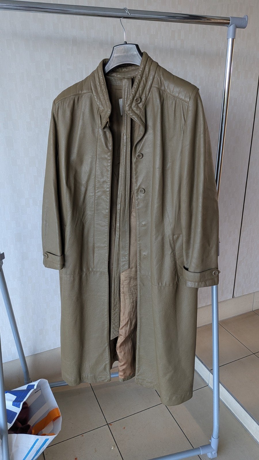Vintage jaren 80 leren jas/trenchcoat - Maat 44, Ophalen, De Bijenkorf, Maat 42/44 (L), Gedragen