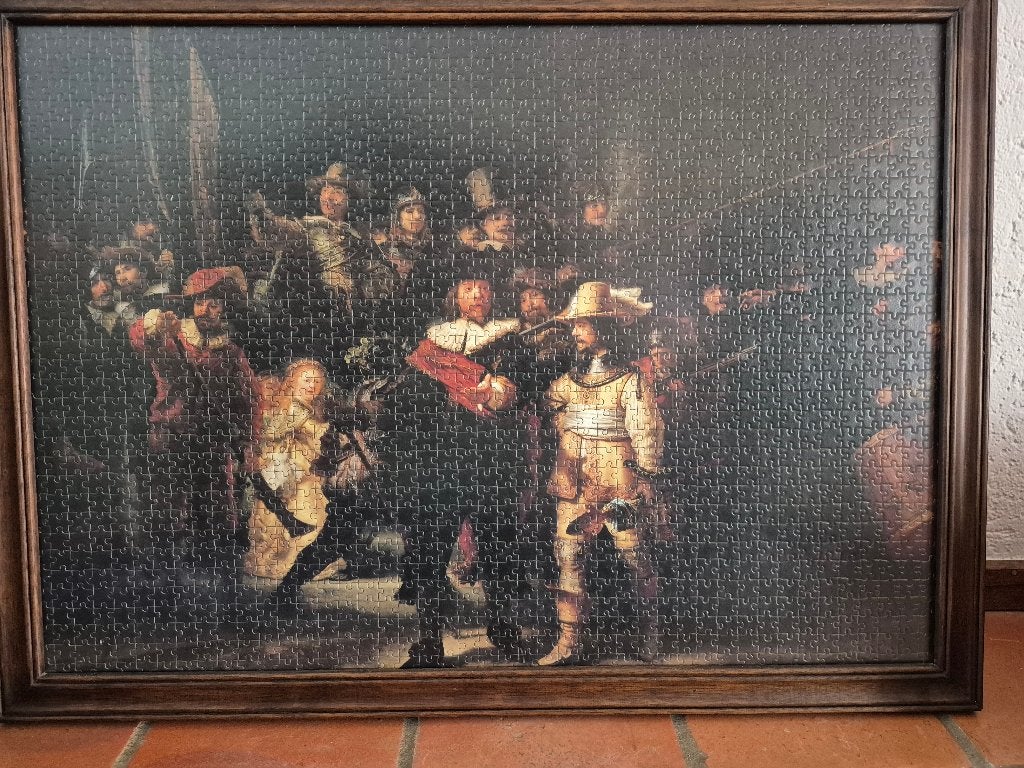 Ingelijste puzzel Nachtwacht met glasplaat ervoor., Ophalen, 50 – 75, Oorspronkelijke maker, Zo goed als nieuw