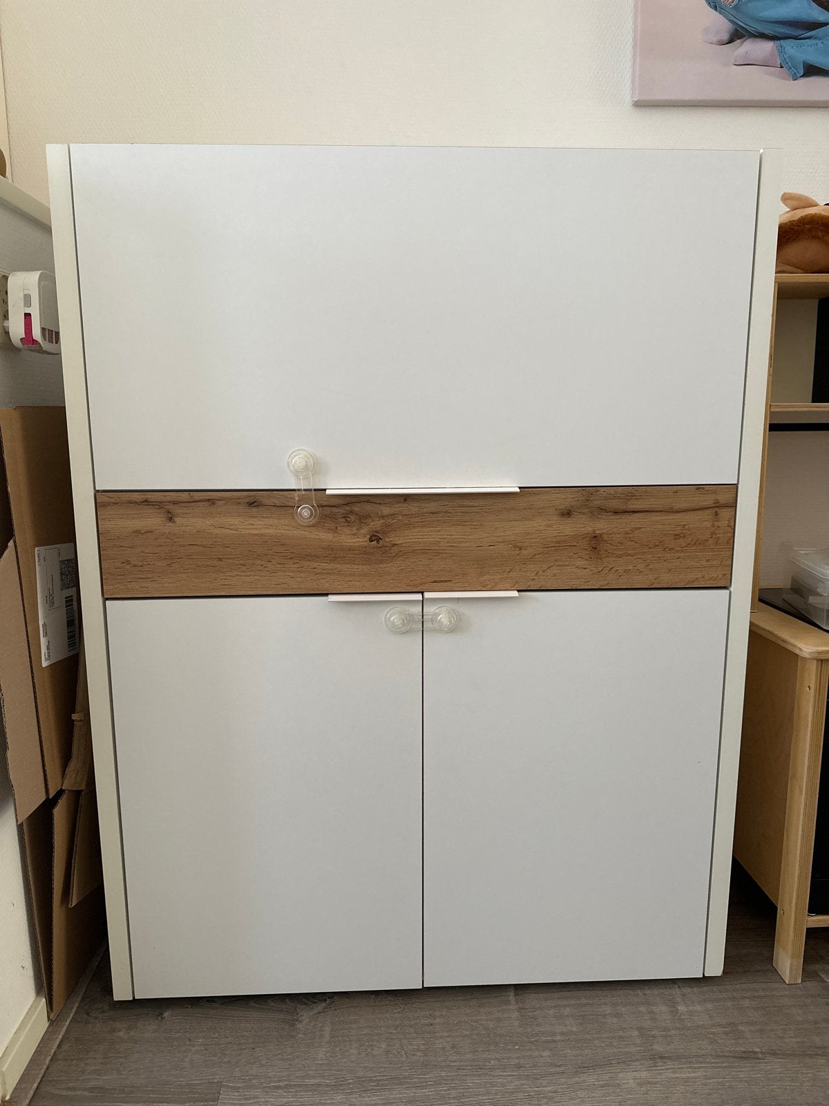 Secretaire kast wit met hout look, Huis en Inrichting, Kasten | Secretaires, Ophalen, Zo goed als nieuw