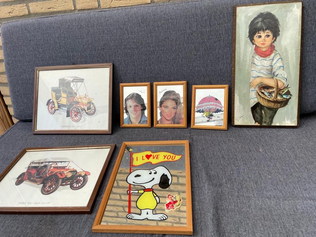 Vintage Wanddecoratie Set: Snoopy, Auto's, Madonna & Kunst, Ophalen, Gebruikt, Hout, Ingelijst