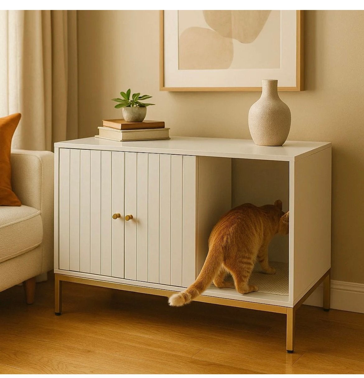 Moderne kattenbakkast wit/goud, Ophalen, Zo goed als nieuw