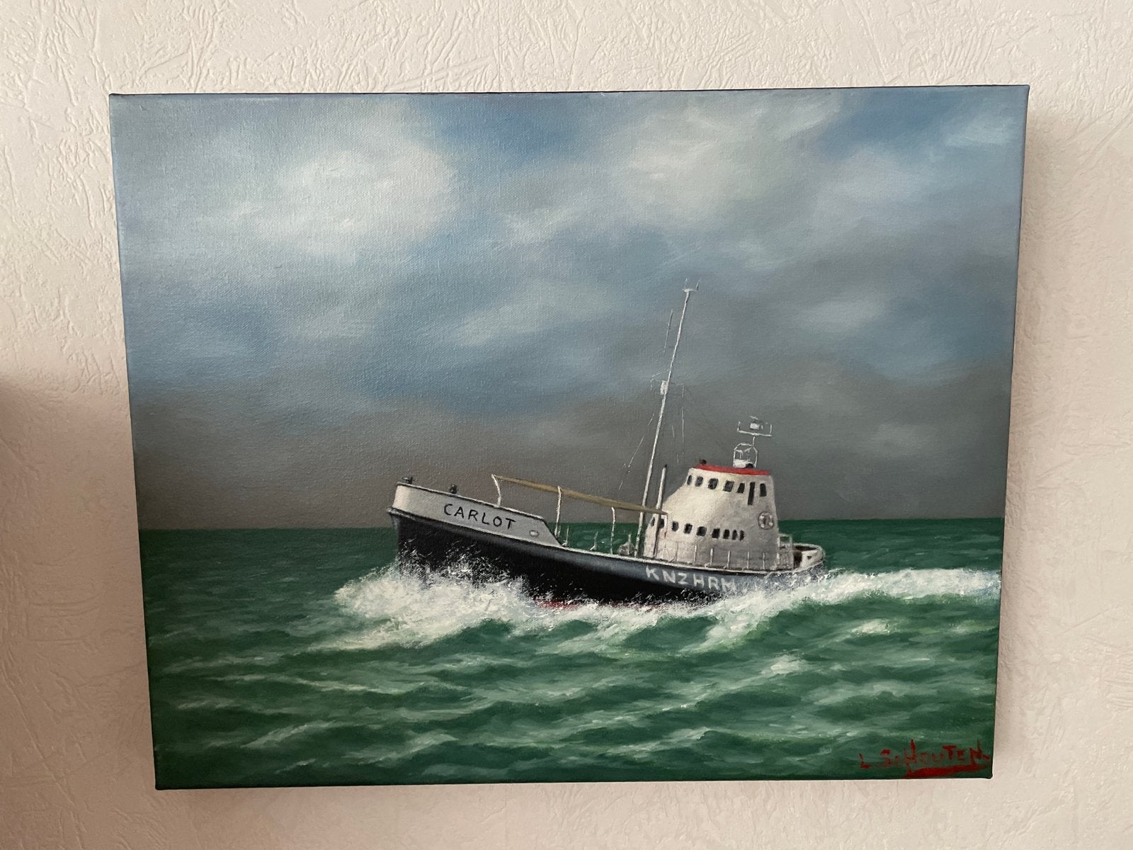 Schilderij van reddingsboot 'CARLOT' op woelige zee, Maritiem / water, Doek, Realistisch, Ophalen of Verzenden
