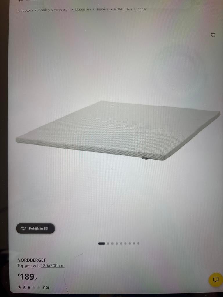 NORDBERGET Topper, wit, 180x200 cm ikea, Huis en Inrichting, Slaapkamer | Matrassen en Bedbodems, Ophalen, Tweepersoons, Zo goed als nieuw