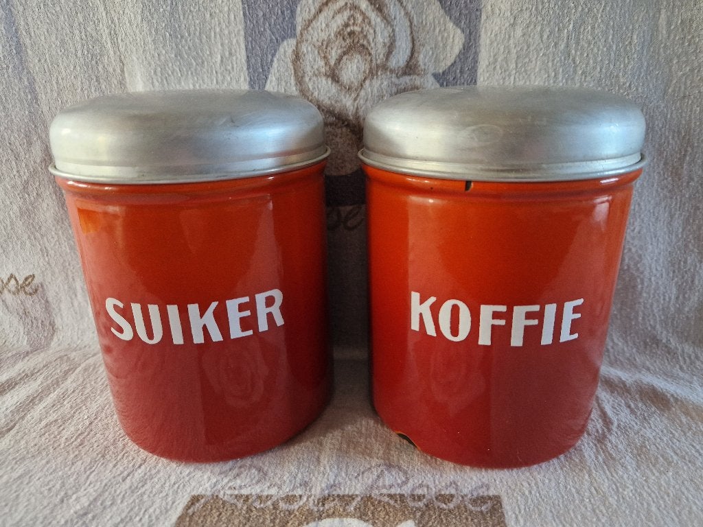 Vintage emaille voorraadbussen. Koffie en suiker., Ophalen of Verzenden