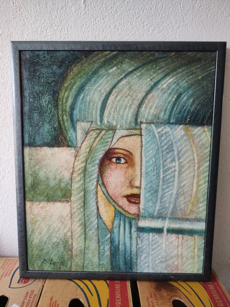 Schilderij van B. Long: Vrouwelijk Portret in Blauwtinten, Antiek en Kunst, Kunst | Schilderijen | Modern, Ophalen