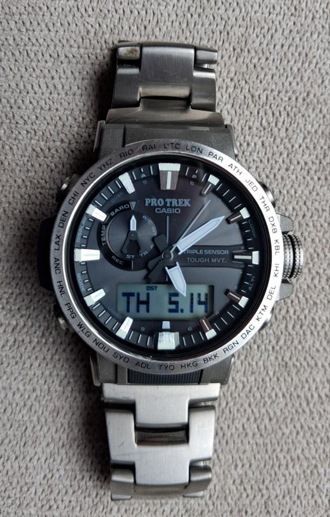 Casio Pro Trek PRW-60T-7AER titanium Triple Sensor horloge, Gebruikt, Polshorloge, Overige materialen, Ophalen of Verzenden